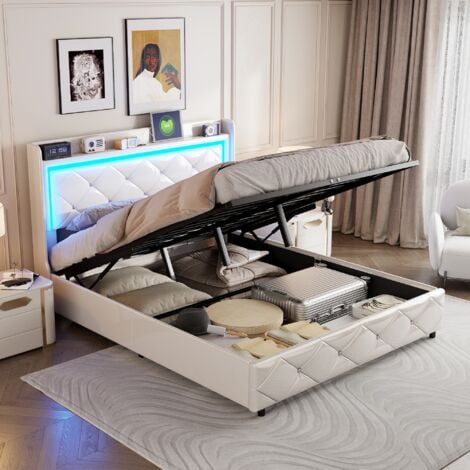 Letto contenitore 160x200 cm, letto matrimoniale con rete a doghe, testiera con decorazione a rombi, illuminazione a LED e porta di ricarica USB, similpelle, Bianco