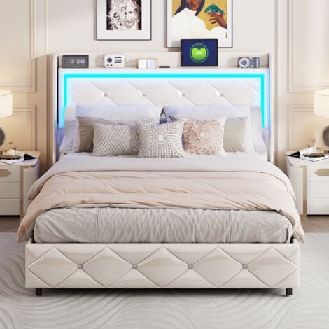 Letto contenitore 160x200 cm, letto matrimoniale con rete a doghe, testiera con decorazione a rombi, illuminazione a LED e porta di ricarica USB, similpelle, Bianco