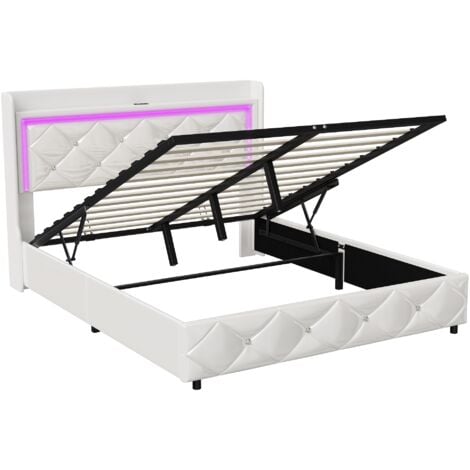 Letto contenitore 160x200 cm, letto matrimoniale con rete a doghe, testiera con decorazione a rombi, illuminazione a LED e porta di ricarica USB, similpelle, Bianco