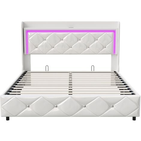 Letto contenitore 160x200 cm, letto matrimoniale con rete a doghe, testiera con decorazione a rombi, illuminazione a LED e porta di ricarica USB, similpelle, Bianco