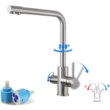 Cecipa Rubinetto da Cucina Depuratore d'acqua per Acqua Calda/Fredda e Filtrata - 3 in 1 Miscelatore da Cucina con 2 Leve di Comando Separate - Miscelatore per Lavello Per Sistema ad Osmosi
