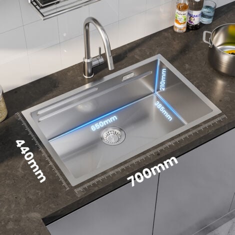 CECIPA Lavello da Cucina a Una Vasca 70x44x21CM Lavello da Cucina Lavello da Incasso in Acciaio Inox Spazzolato Lavello da Cucina con Gocciolatoio + Vasca