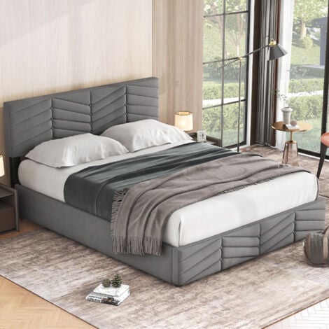 Letti contenitore 140x190 cm, letti adulto/ragazzo imbottito matrimoniale, testiera regolabile in altezza, velluto, senza materasso, grigio