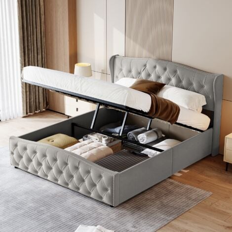 Letto contenitore imbottito 140x200cm, Letto matrimoniale con testiera imbottita con decoro a rombi, rete a doghe, contenitore, giroletto, Letto per adulti in velluto - Grigio