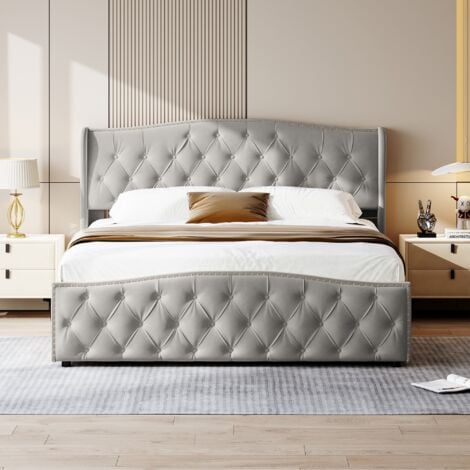 Letto contenitore imbottito 140x200cm, Letto matrimoniale con testiera imbottita con decoro a rombi, rete a doghe, contenitore, giroletto, Letto per adulti in velluto - Grigio
