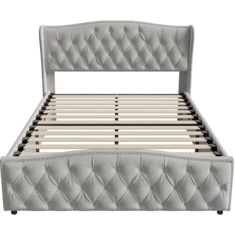 Letto contenitore imbottito 140x200cm, Letto matrimoniale con testiera imbottita con decoro a rombi, rete a doghe, contenitore, giroletto, Letto per adulti in velluto - Grigio