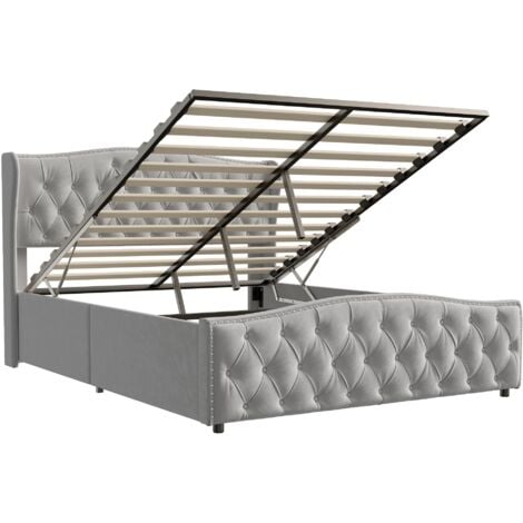 Letto contenitore imbottito 140x200cm, Letto matrimoniale con testiera imbottita con decoro a rombi, rete a doghe, contenitore, giroletto, Letto per adulti in velluto - Grigio