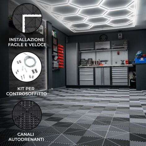 Piastrelle Modulari Ventilate 60 Nere & 60 Grigie Con Bordi & Illuminazione LED Esagonale 14 Luci Bianche 6500K 3 Opzioni Montaggio Kit Soffitto Garage Singolo 3,2m x 6m