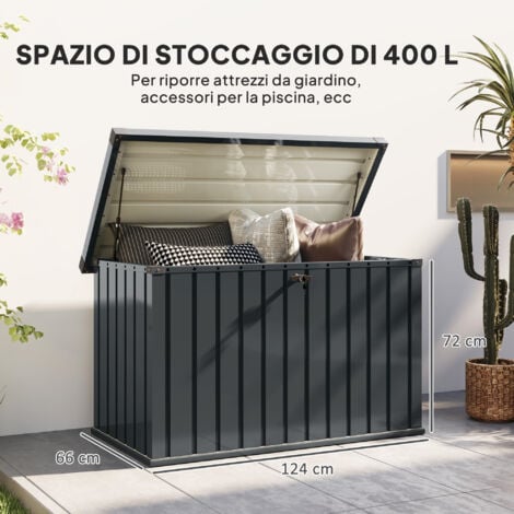 Outsunny Baule da Giardino da 400L in Acciaio Zincato con 2 Chiavi Grigio Scuro