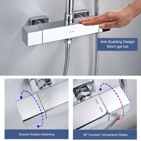 DETBOM Colonna Doccia Termostatica Sistema Doccia Cromato Elegante Set Doccia con Miscelatore Termostatico per Bagno Soffione Doccia a Pioggia Quadrato