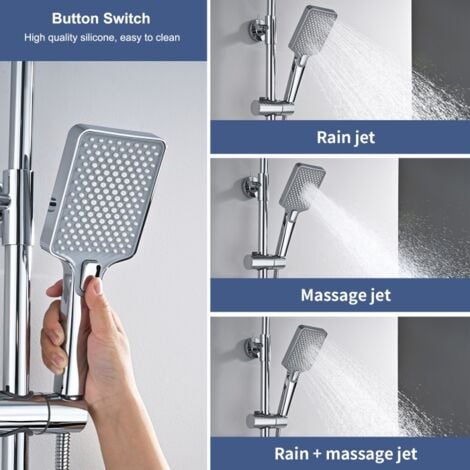 DETBOM Colonna Doccia Termostatica Sistema Doccia Cromato Elegante Set Doccia con Miscelatore Termostatico per Bagno Soffione Doccia a Pioggia Quadrato