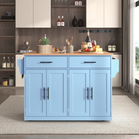Carrello da cucina 120x46(70)x91 cm, piano ribaltabile con ruote e piedi in legno intercambiabili, blu