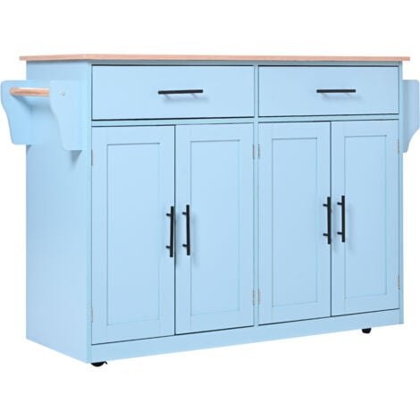 Carrello da cucina 120x46(70)x91 cm, piano ribaltabile con ruote e piedi in legno intercambiabili, blu