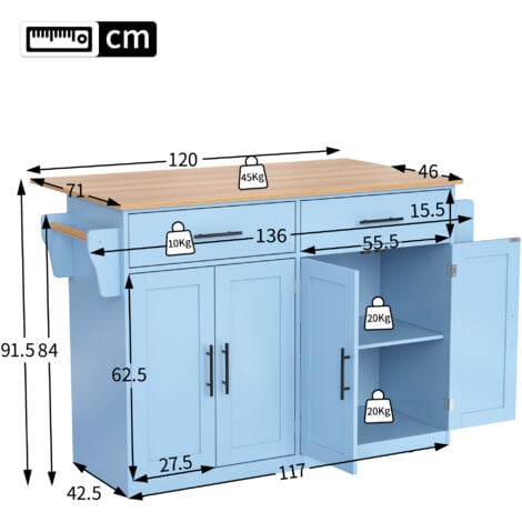 Carrello da cucina 120x46(70)x91 cm, piano ribaltabile con ruote e piedi in legno intercambiabili, blu