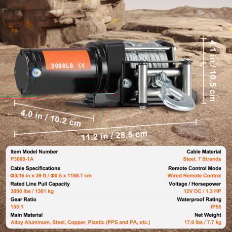 Mophorn Verricello Elettrico, Capacita di Tiro della Linea 1361 kg Verricello ATV/UTV 12 V CC Φ0,5 x 1188,7 cm 7 Fili Cavo in Acciaio Rullo Passacavo Telecomando Cablato,per Traino UTV ATV Fuoristrada
