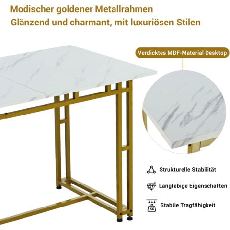 Tavolo da pranzo bianco, tavolo da pranzo rettangolare con gambe in metallo placcato oro, 120 x 70 x 74 cm