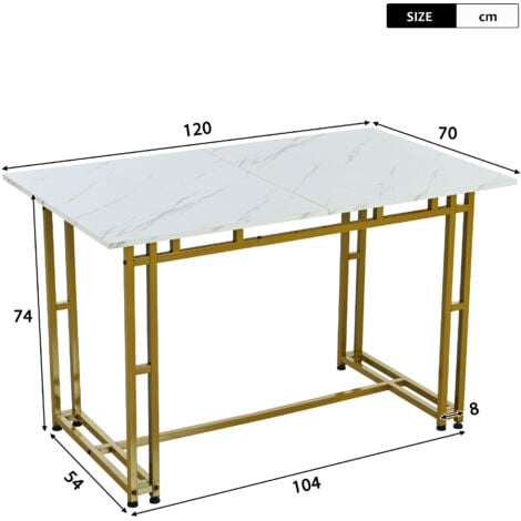 Tavolo da pranzo bianco, tavolo da pranzo rettangolare con gambe in metallo placcato oro, 120 x 70 x 74 cm