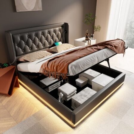 Letto contenitore matrimoniale imbottito 140 x 200 cm con funzione di ricarica USB Type-C e LED, in PU, nero, senza materasso