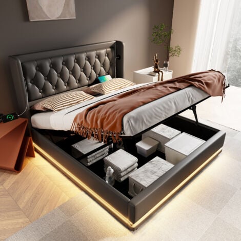 Letto contenitore matrimoniale imbottito 140 x 200 cm con funzione di ricarica USB Type-C e LED, in PU, nero, senza materasso