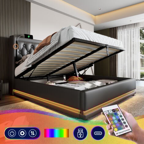 Letto contenitore matrimoniale imbottito 140 x 200 cm con funzione di ricarica USB Type-C e LED, in PU, nero, senza materasso