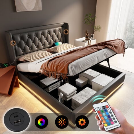 Letto contenitore matrimoniale imbottito 140 x 200 cm con funzione di ricarica USB Type-C e LED, in PU, nero, senza materasso