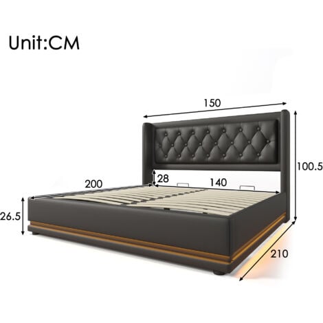 Letto contenitore matrimoniale imbottito 140 x 200 cm con funzione di ricarica USB Type-C e LED, in PU, nero, senza materasso