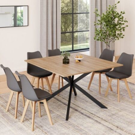 Tavolo da pranzo quadrato ALIX, legno e gambe a ragno nere, 8 persone, 120 cm
