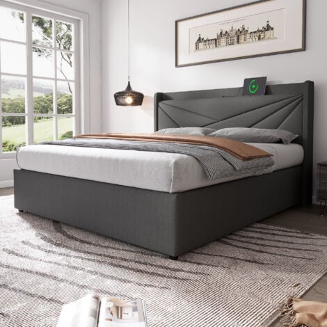 Letti contenitori per adulti/bambini, rete a doghe, USB, lenzuola, senza materasso, matrimoniale, 160x200cm, grigio scuro