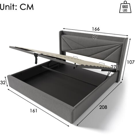Letti contenitori per adulti/bambini, rete a doghe, USB, lenzuola, senza materasso, matrimoniale, 160x200cm, grigio scuro