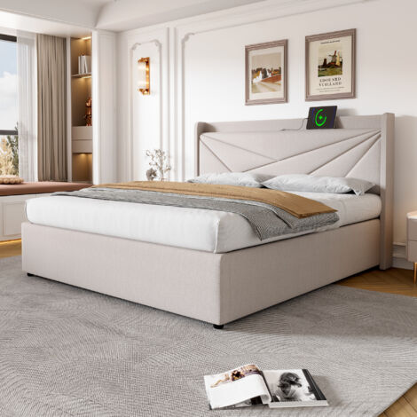 Letti contenitori per adulti/bambini, rete a doghe, USB, lenzuola, senza materasso, 180x200cm, beige