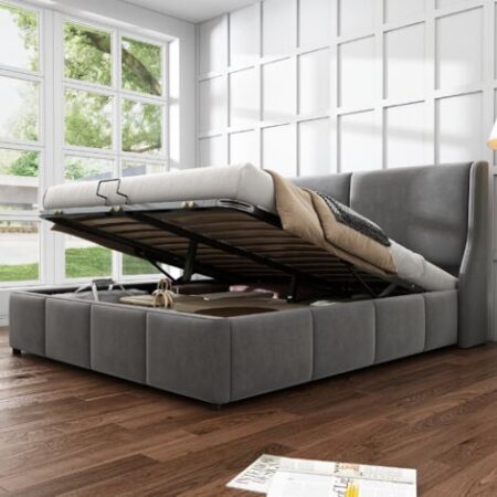 Letti contenitori 140x190cm letti matrimoniale per adulti, idraulico, velluto, senza materasso, grigio