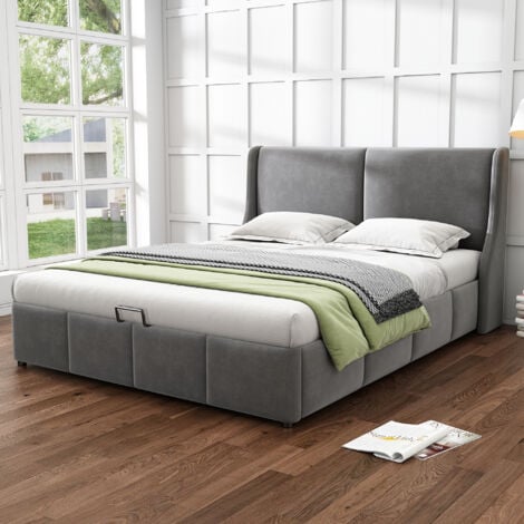 Letti contenitori 140x190cm letti matrimoniale per adulti, idraulico, velluto, senza materasso, grigio