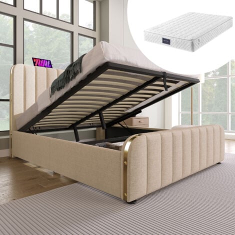 Letti contenitori 160x200cm letti matrimoniale per adulti/bambini, USB, Type-C, lino, materasso incluso, beige