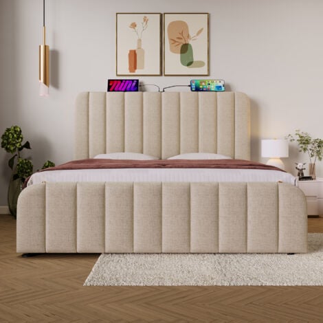 Letti contenitori 160x200cm letti matrimoniale per adulti/bambini, USB, Type-C, lino, materasso incluso, beige