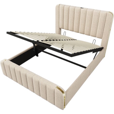 Letti contenitori 160x200cm letti matrimoniale per adulti/bambini, USB, Type-C, lino, materasso incluso, beige