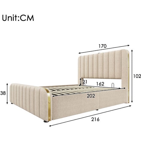 Letti contenitori 160x200cm letti matrimoniale per adulti/bambini, USB, Type-C, lino, materasso incluso, beige