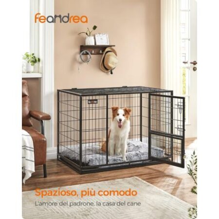Feandrea Gabbia per Cani, Casetta per Animali, 107 x 70 x 75 cm, per Cani di Taglia Media e Grande, Doppia Porta Rimovibile, Parco per Cani, XL, Nero