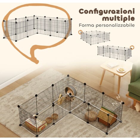 PawHut Recinto per Cuccioli Modulabile con 12 Pannelli 35x35 cm in Metallo Nero