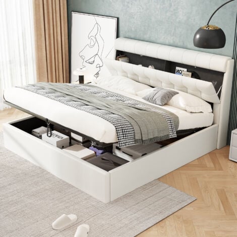 MODFU Letti contenitore, letti matrimoniale per adulti con testiera contenitore, rete a doghe, PU, ​​senza materasso - bianco, 180x200cm
