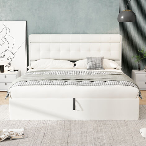 MODFU Letti contenitore, letti matrimoniale per adulti con testiera contenitore, rete a doghe, PU, ​​senza materasso - bianco, 180x200cm
