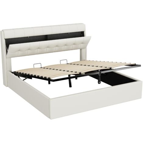 MODFU Letti contenitore, letti matrimoniale per adulti con testiera contenitore, rete a doghe, PU, ​​senza materasso - bianco, 180x200cm