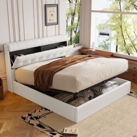Letto contenitore 140x200 cm, letto imbottito idraulico per adulti, testiera con contenitore, PU, senza materasso, bianco
