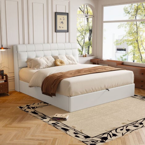 Letto contenitore 140x200 cm, letto imbottito idraulico per adulti, testiera con contenitore, PU, senza materasso, bianco