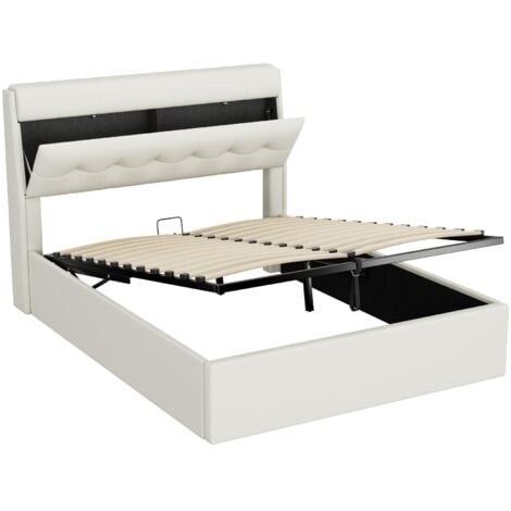 Letto contenitore 140x200 cm, letto imbottito idraulico per adulti, testiera con contenitore, PU, senza materasso, bianco