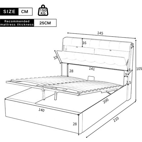 Letto contenitore 140x200 cm, letto imbottito idraulico per adulti, testiera con contenitore, PU, senza materasso, bianco