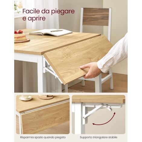 VASAGLE Tavolo da Pranzo Estensibile, Tavolo Pieghevole per 2-4 Persone, Tavolo da Cucina per Piccoli Spazi, Rovere Naturale e Bianco Nuvola