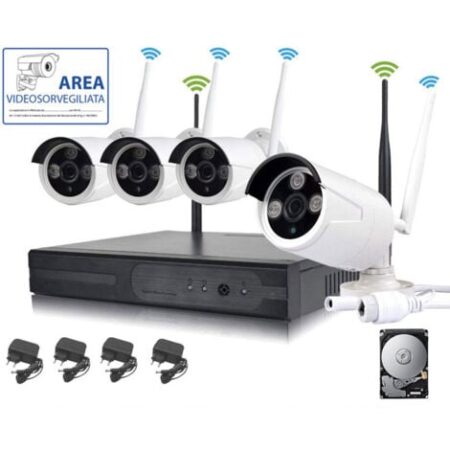 KIT VIDEOSORVEGLIANZA WIRELESS FULL HD IP 4 TELECAMERE 2 MPX WIFI DA REMOTO HD 320 GB