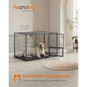 Feandrea Gabbia per Cani, Casetta per Animali, 122 x 75,5 x 80,5 cm, per Cani di Taglia Media e Grande, Doppia Porta Rimovibile, Parco per Cani, XXL, Grigio