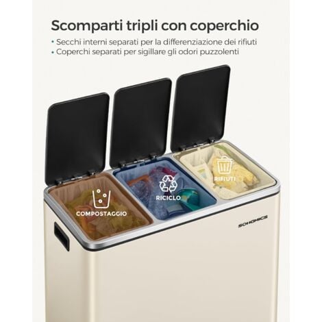 SONGMICS Cestino da Cucina, Pattumiera per Raccolta Differenziata 3 x 18L, 3 Scomparti per Riciclaggio, Coperchi a Chiusura Morbida, Pedali, Acciaio, Beige Sabbia