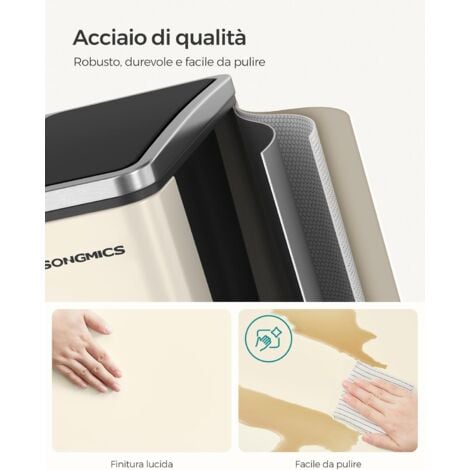 SONGMICS Cestino da Cucina, Pattumiera per Raccolta Differenziata 3 x 18L, 3 Scomparti per Riciclaggio, Coperchi a Chiusura Morbida, Pedali, Acciaio, Beige Sabbia